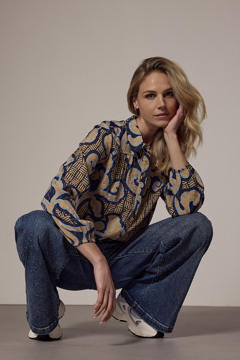 Denim Wide-Leg Trousers Rhinestones