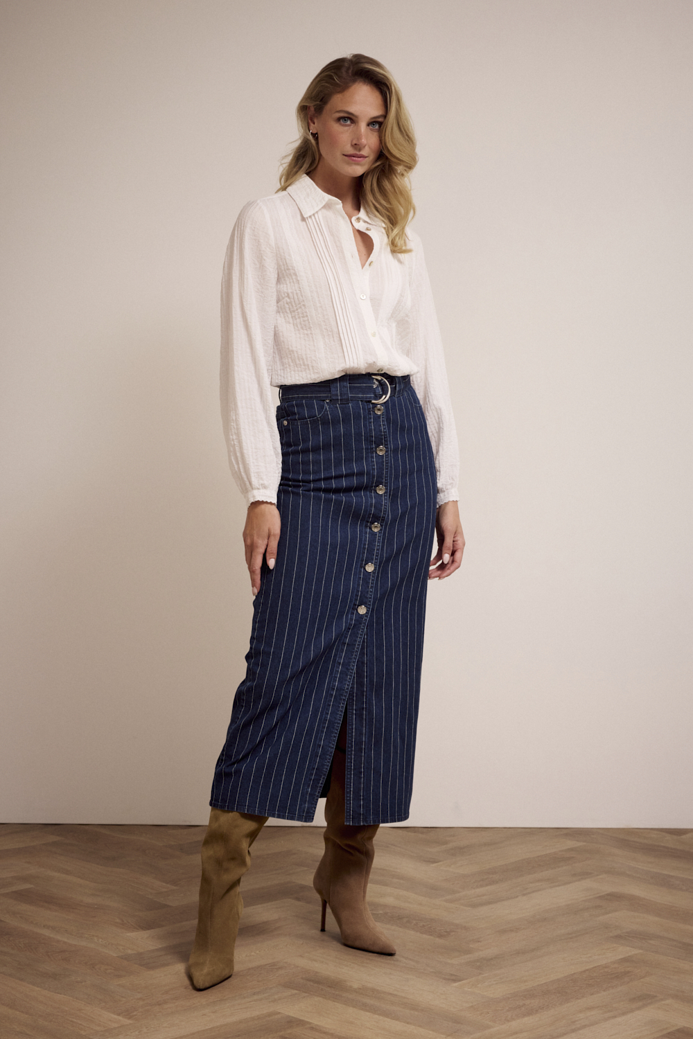 Pinstriped Denim Maxi Skirt