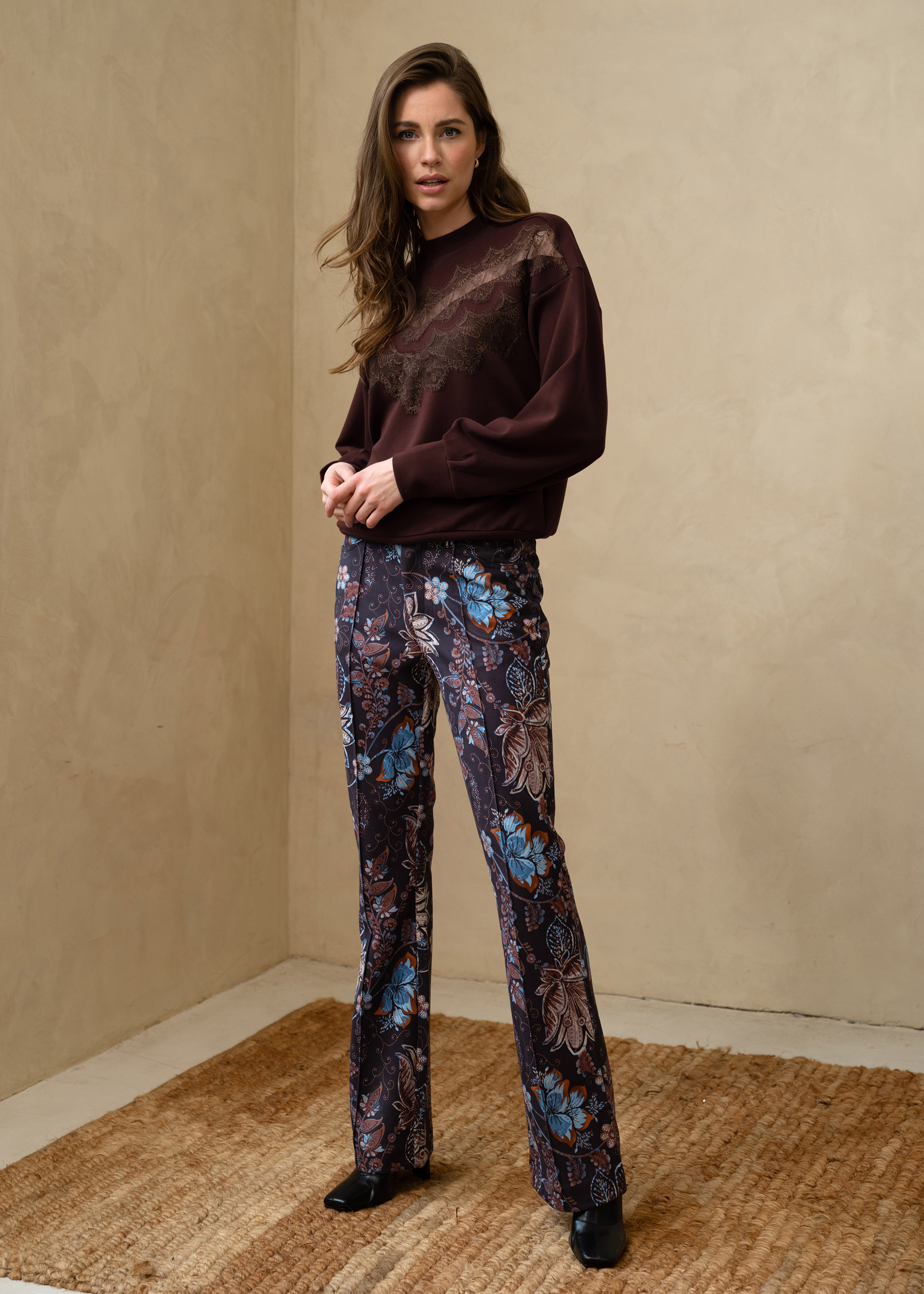 Trousers Flared Suedine Elegant Flower Print