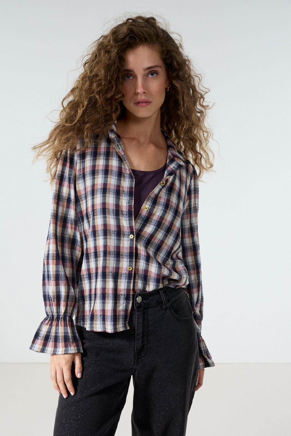 Check Blouse Ruffled Cuff