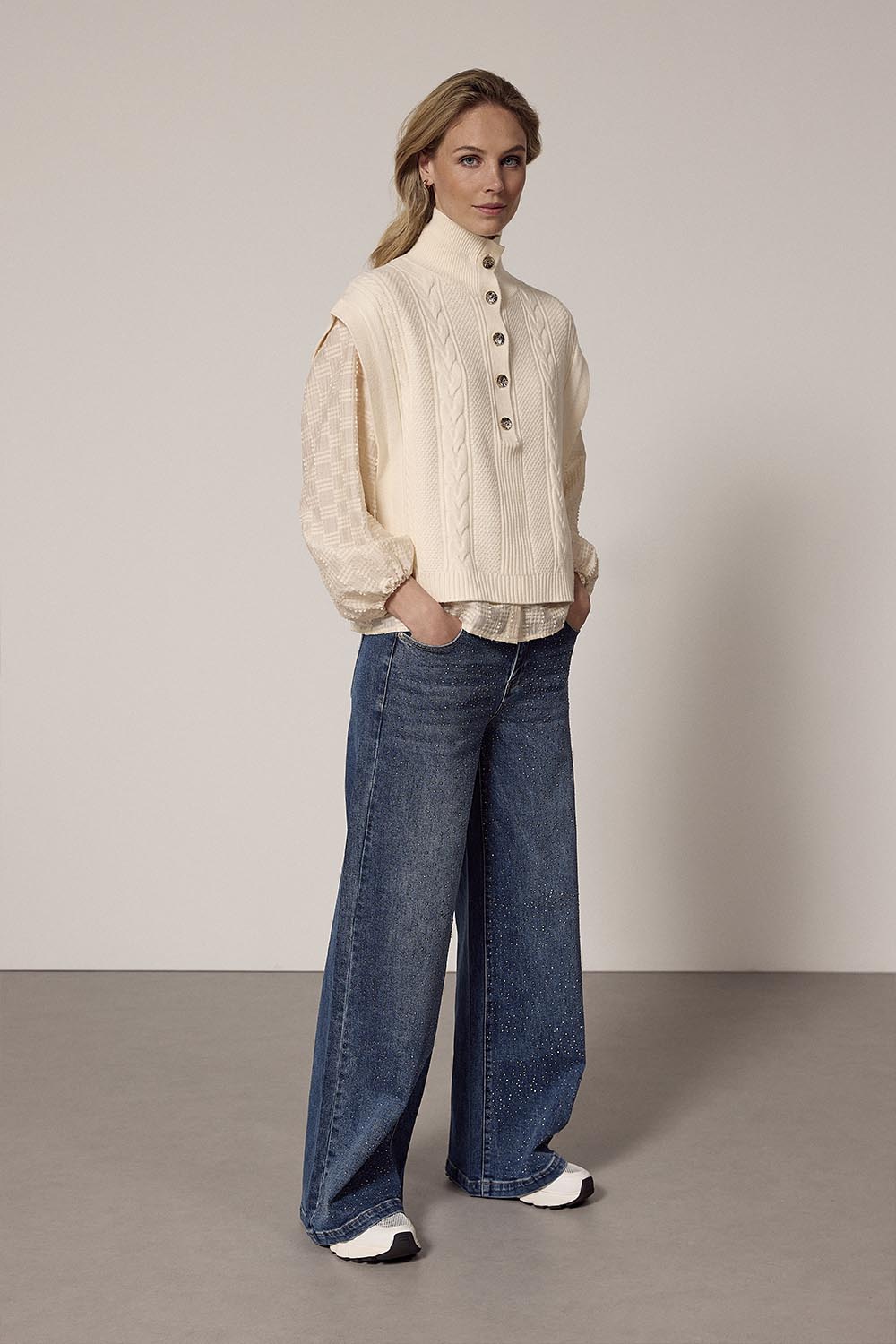 Denim Wide-Leg Trousers Rhinestones