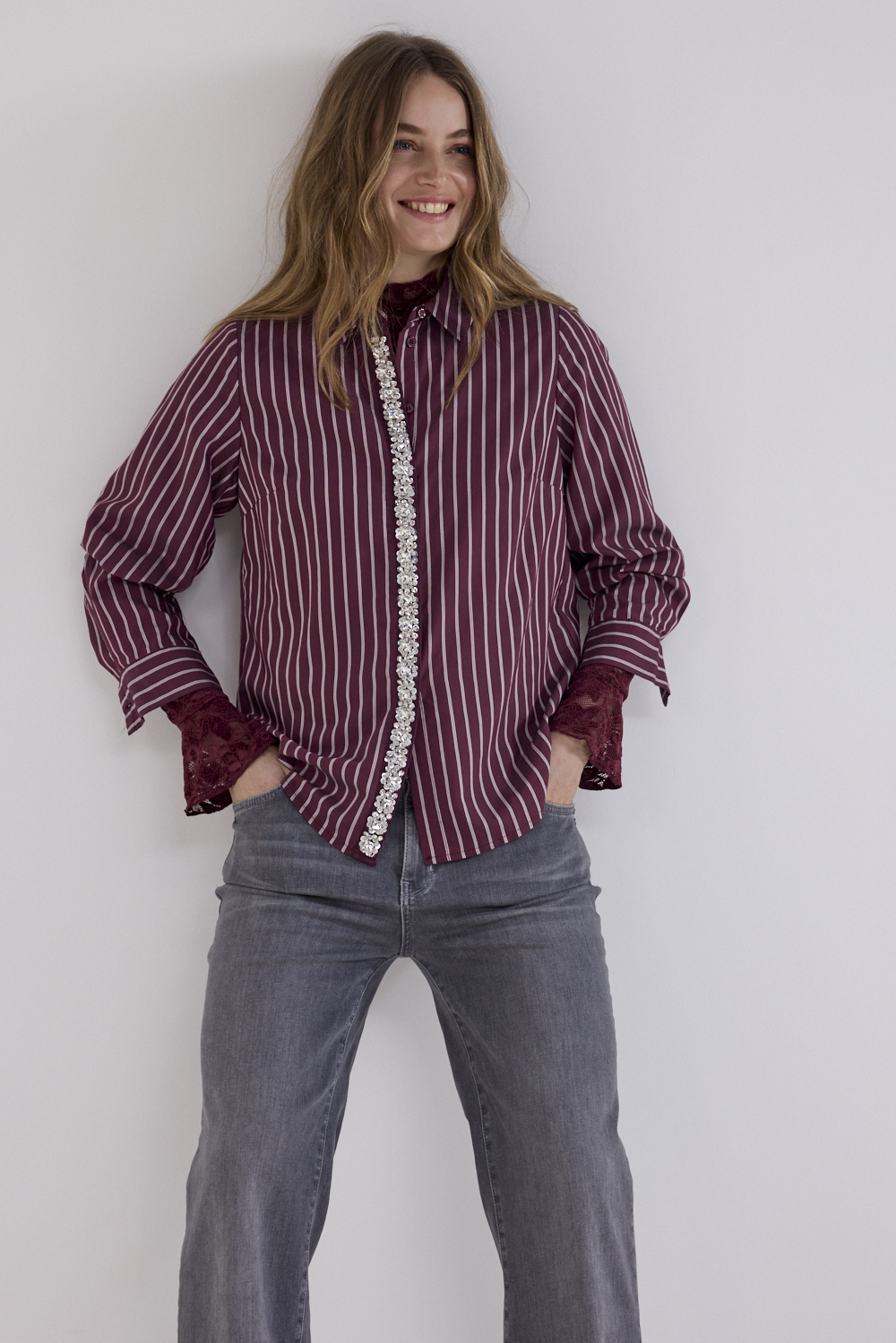 Striped Blouse Strass Placket