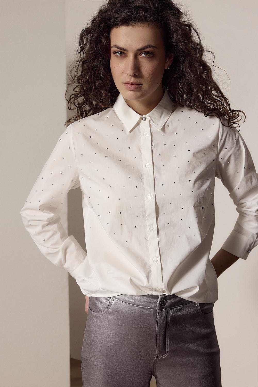 Long Poplin Blouse Rhinestones