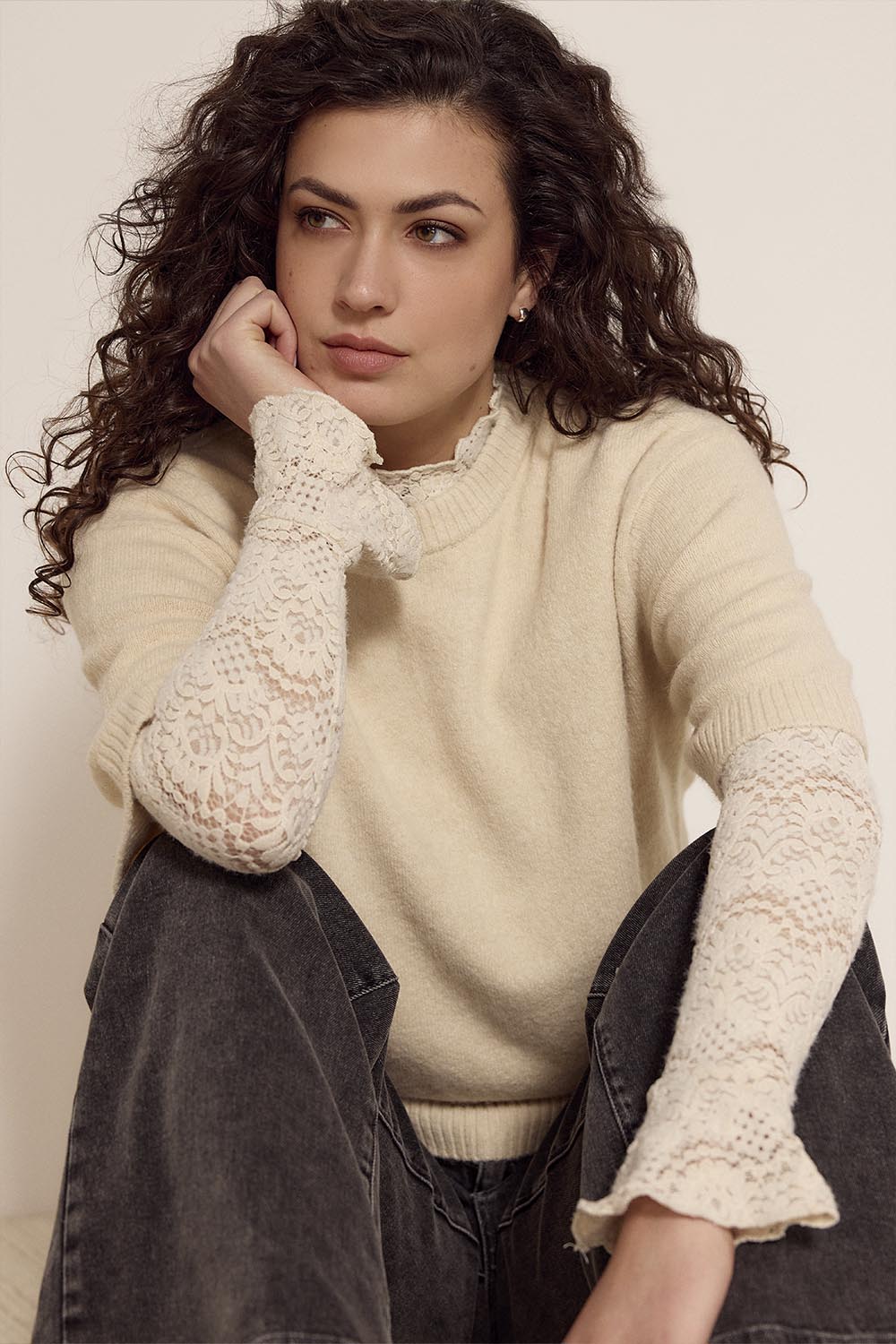 Flared-Sleeve Brushed Lace Top